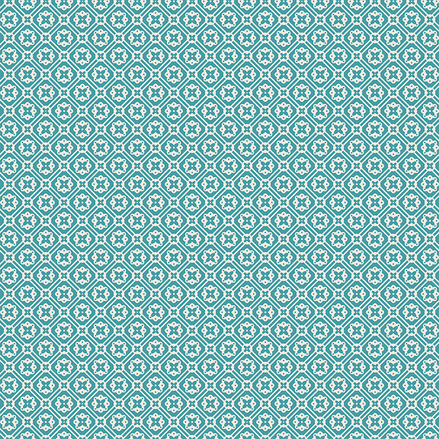 This print features a grid pattern with doilies in the center in blue