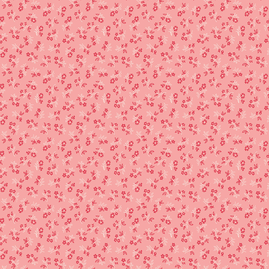 This print features sprigs of flowers in pink