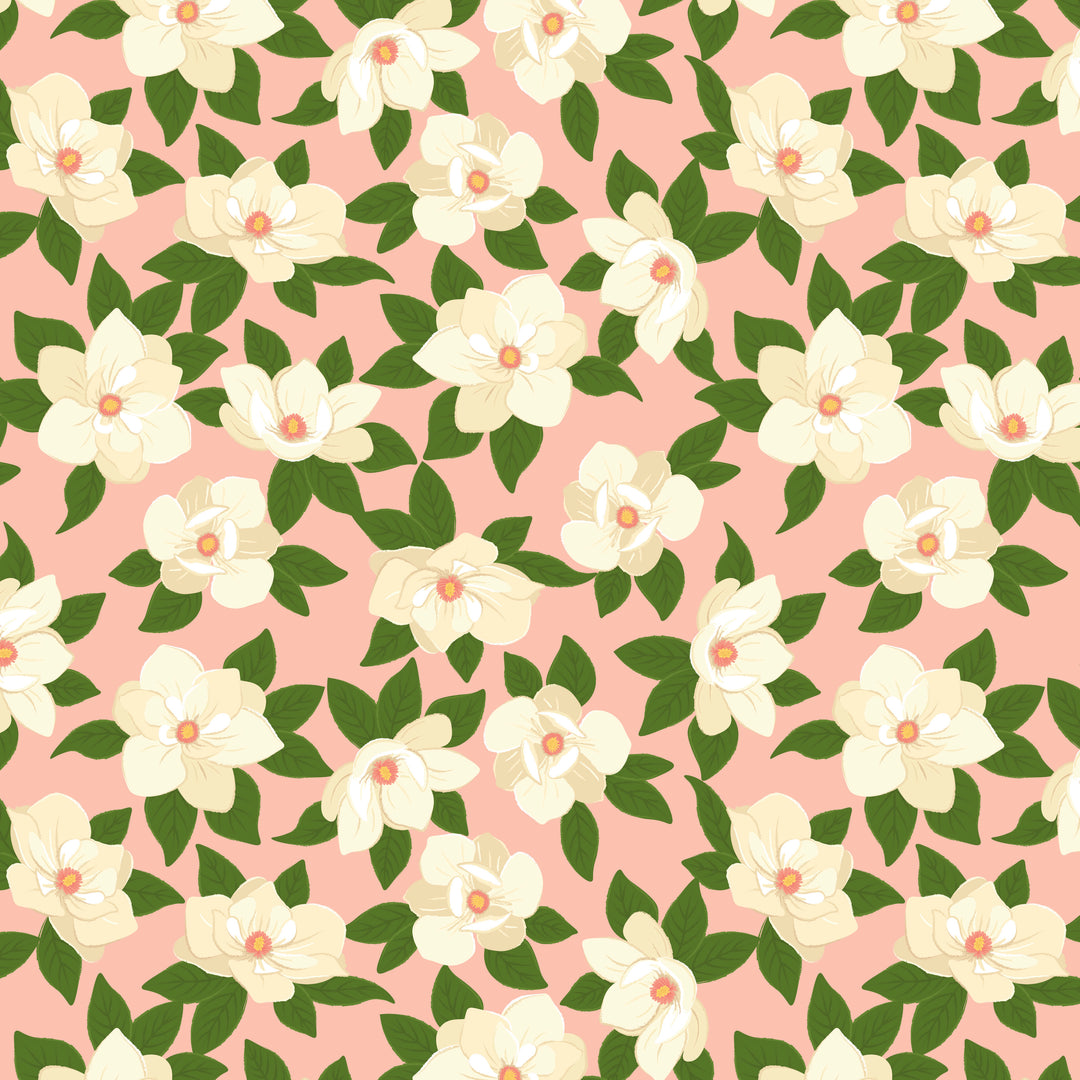 Pattern of white flowers with green leaves on a pink background