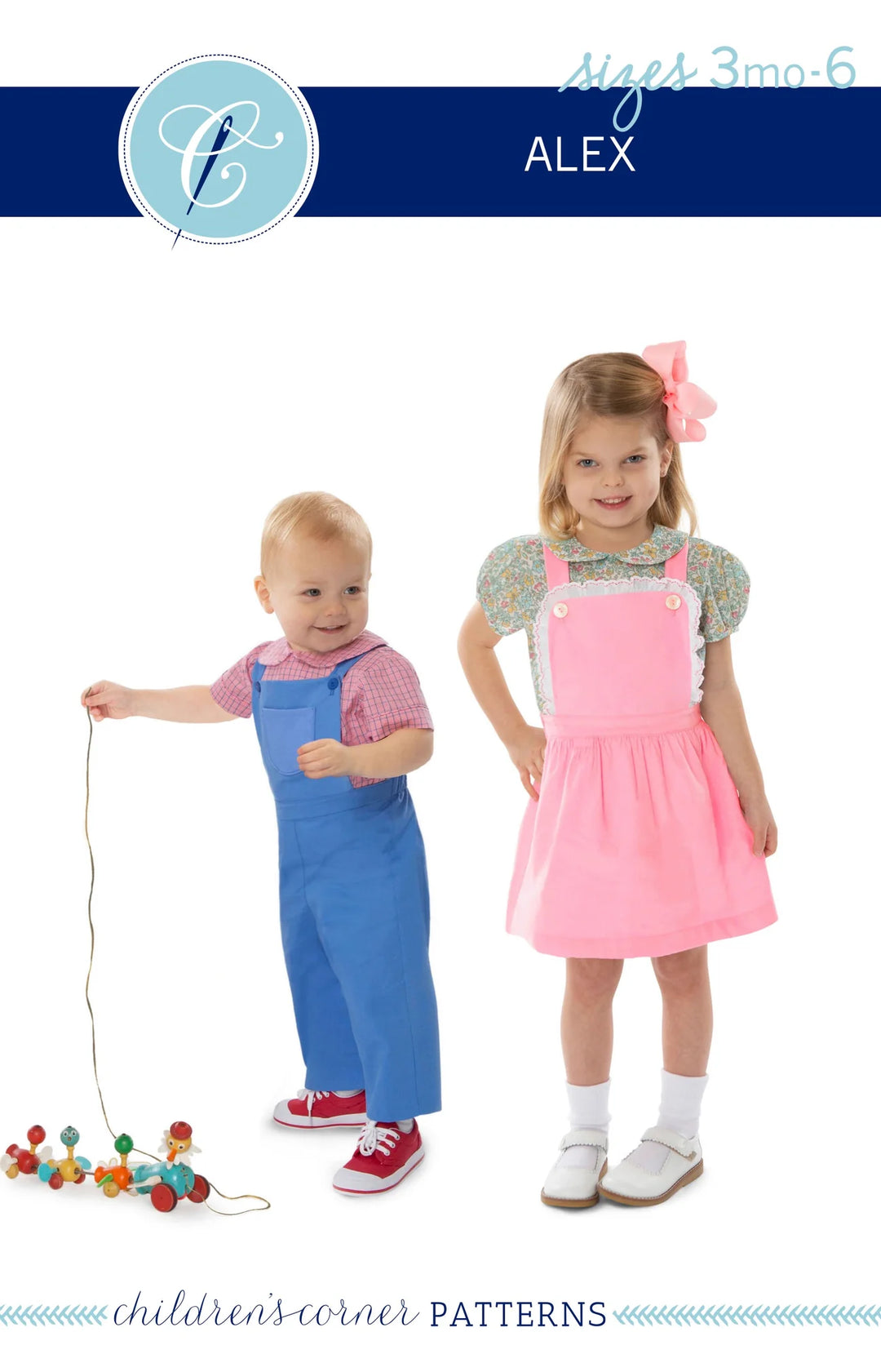 Two children modeling a romper and jumper sewing pattern. One child is in a blue romper, and the other is in a pink jumper.