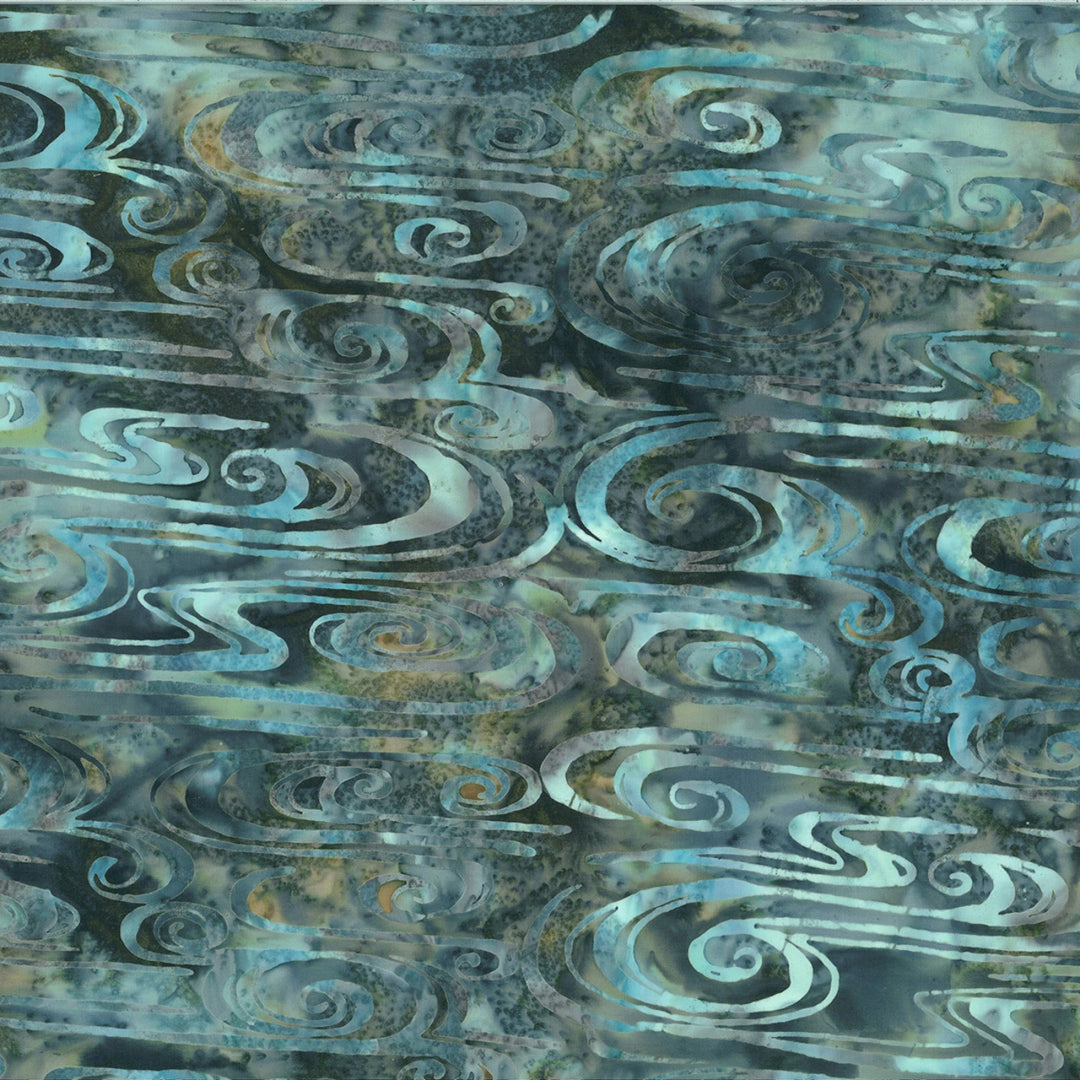 Textured fabric with abstract pattern in teal, gray, and brown