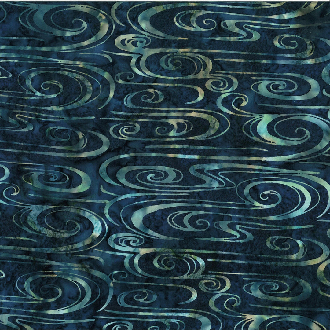 Patterned fabric with swirling designs in blue and green tones.