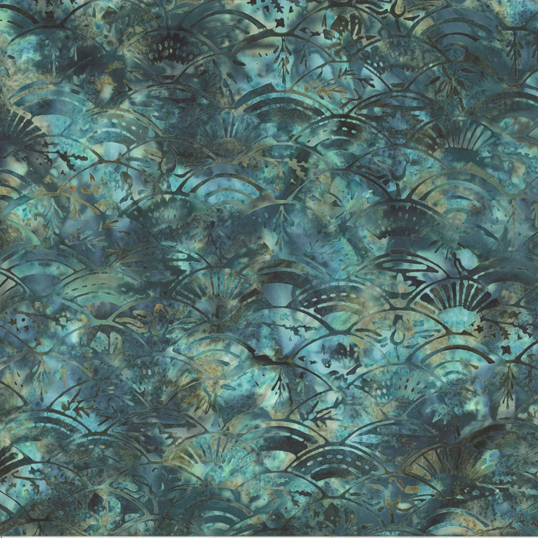 Patterned fabric with abstract design in teal and brown tones