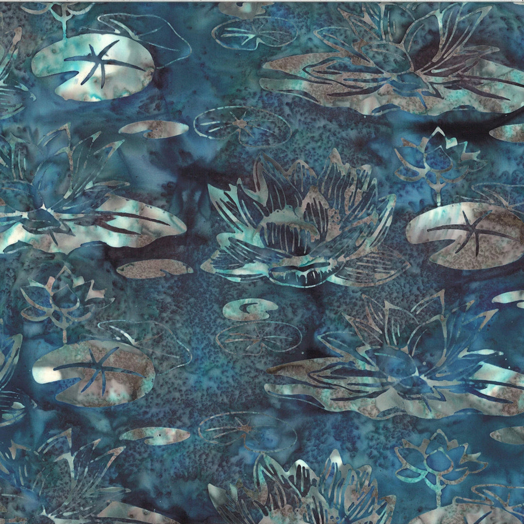Pattern of water lilies and fish on a blue background