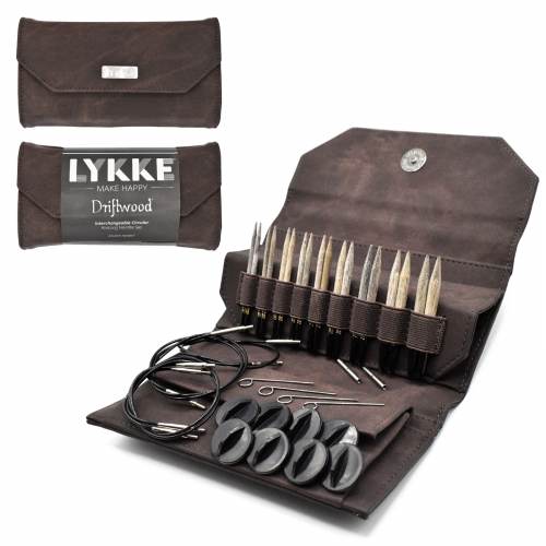 Lykke Driftwood 3.5 inch interchangeable circular needle set in cacao denim color, displayed with needles, cords, connectors, keys, and stoppers.