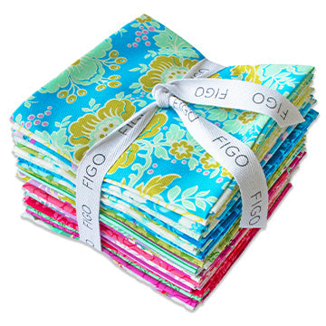 fat quarter bundle with the fabrics from the Full Bloom collection, folded and stacked and tied with a white ribbon