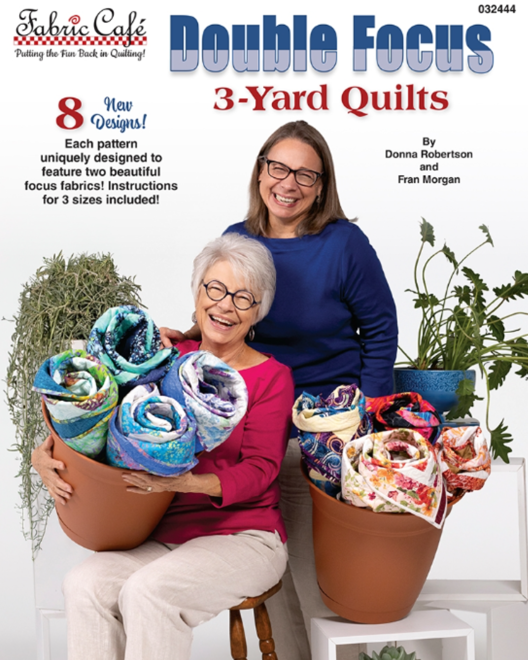 Cover of 'Double Focus 3-Yard Quilts' book featuring two women with quilted projects.