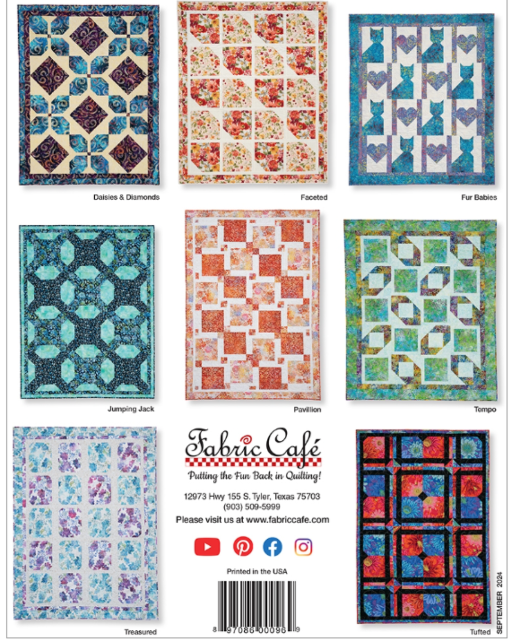 Collection of various quilt patterns with Fabric Cafe branding.