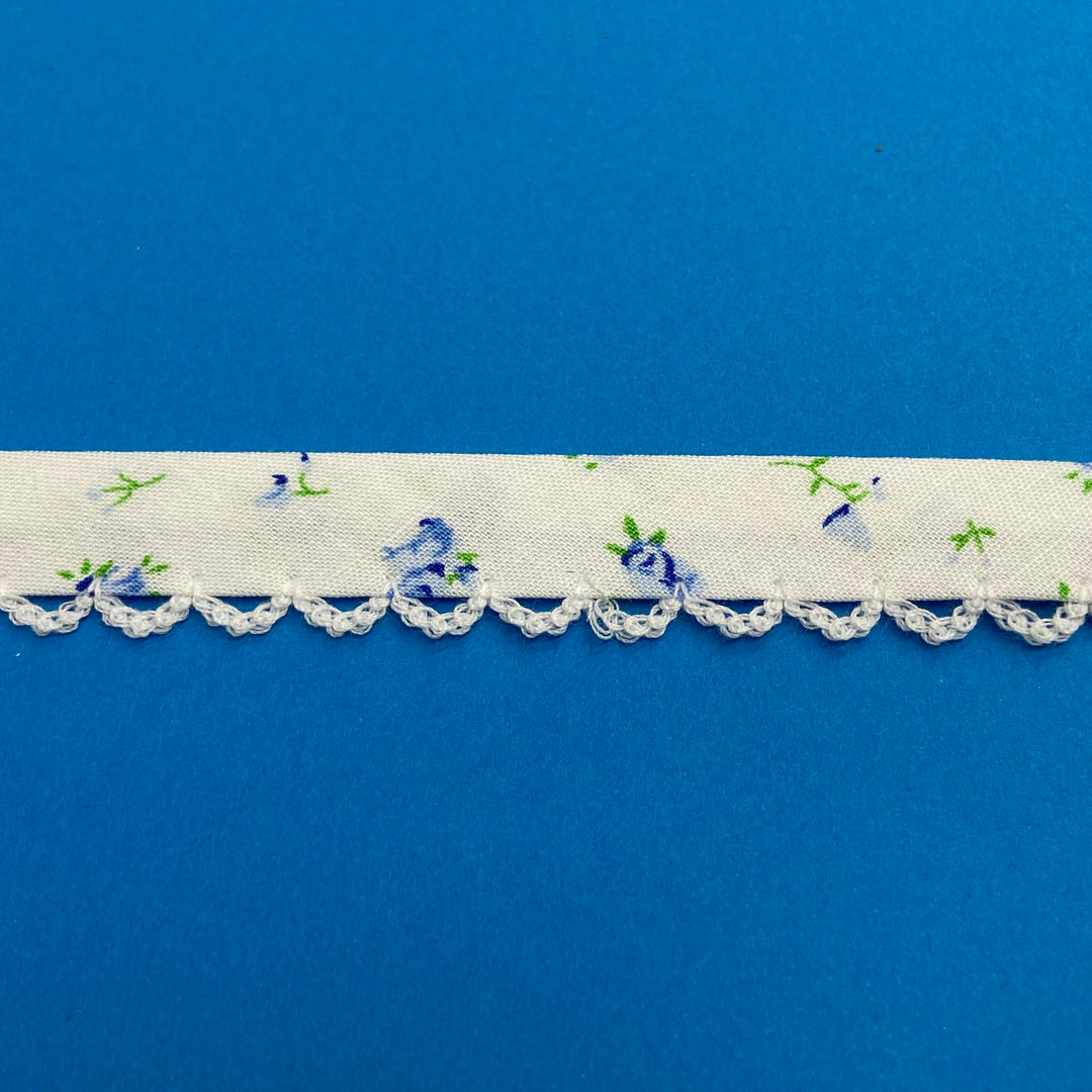 Double Fold Bias with White Picot Edge 1/2" - Blue Floral Rose