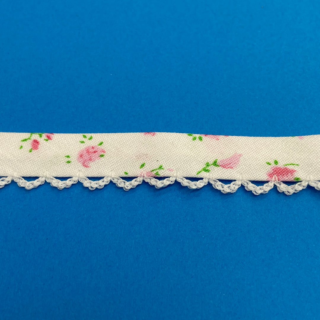 Double Fold Bias with White Picot Edge 1/2" - Pink Floral Rose