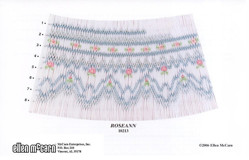 geometric smocking design smocked in blue pink and green on white pleated fabric