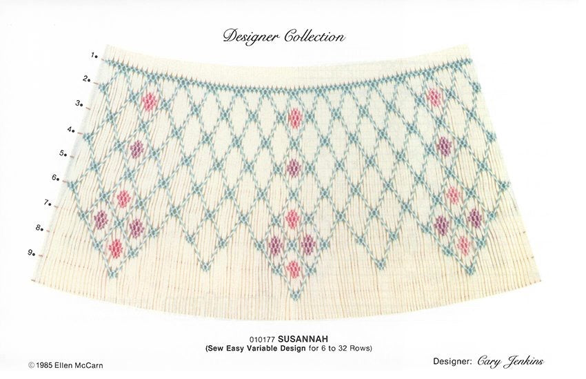 Patterned fabric swatch with floral design on a white background, labeled 'Designer Collection Susannah'.