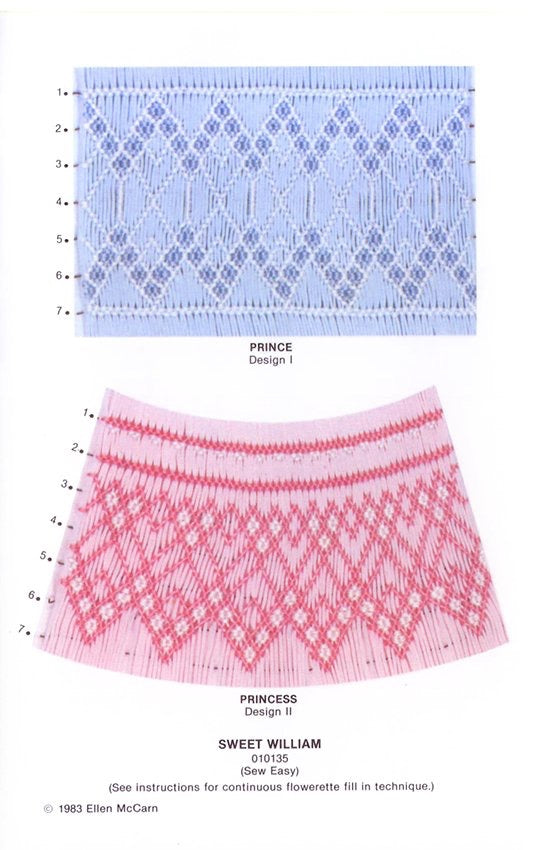 Smocked fabric samples with patterns labeled 'Prince', 'Princess', and 'Sweet William' on a white background.