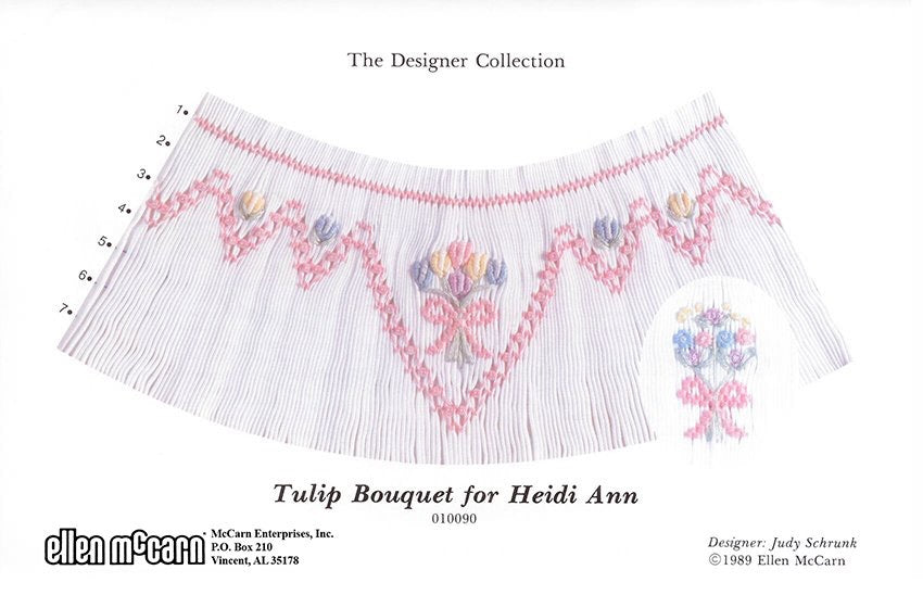 Pleated fabric with floral design on a white background, featuring the text 'The Designer Collection' and 'Tulip Bouquet for Heidi Ann'.
