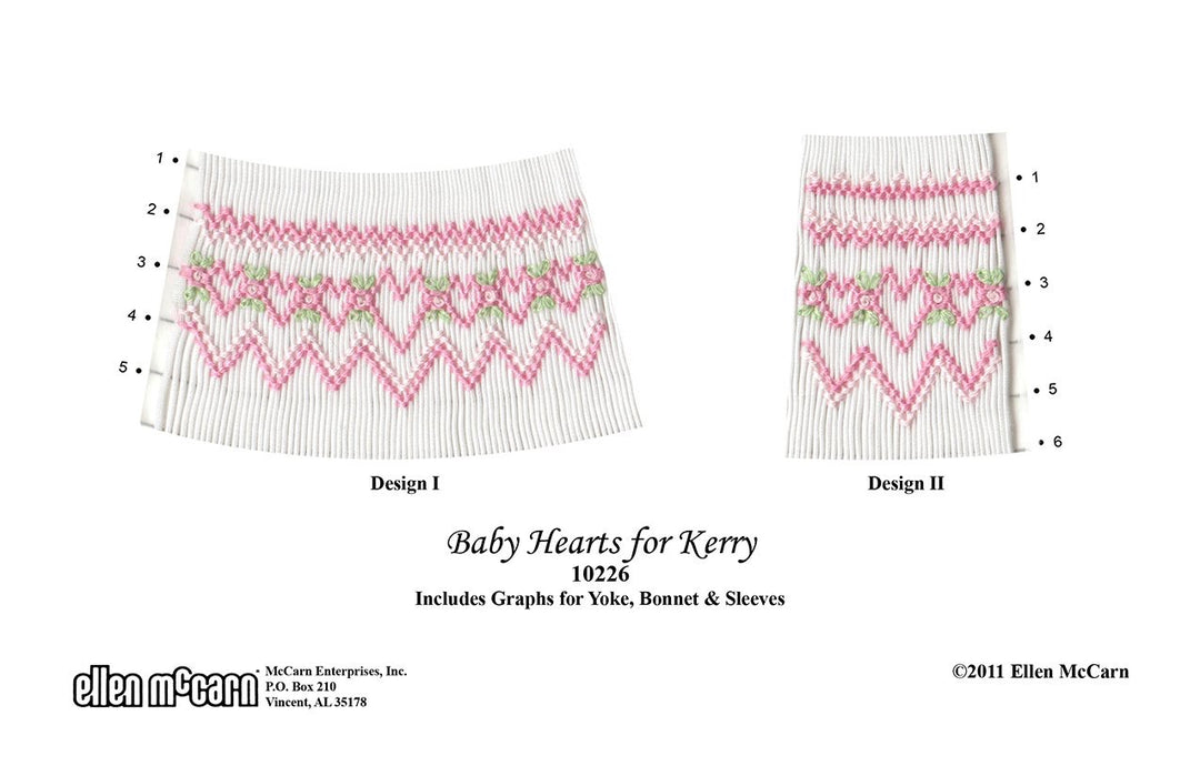 Smocking plate with a two variations of geometric design with hearts for a bishop, bonnet or sleeves. 5-6 rows of smocking on a bishop. Smocked in two shades f pink and soft green leaves as an accent.