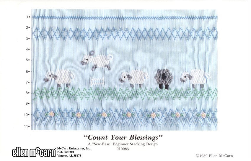 Smocking design with sheep and text 'Count Your Blessings' by Ellen McCarn.