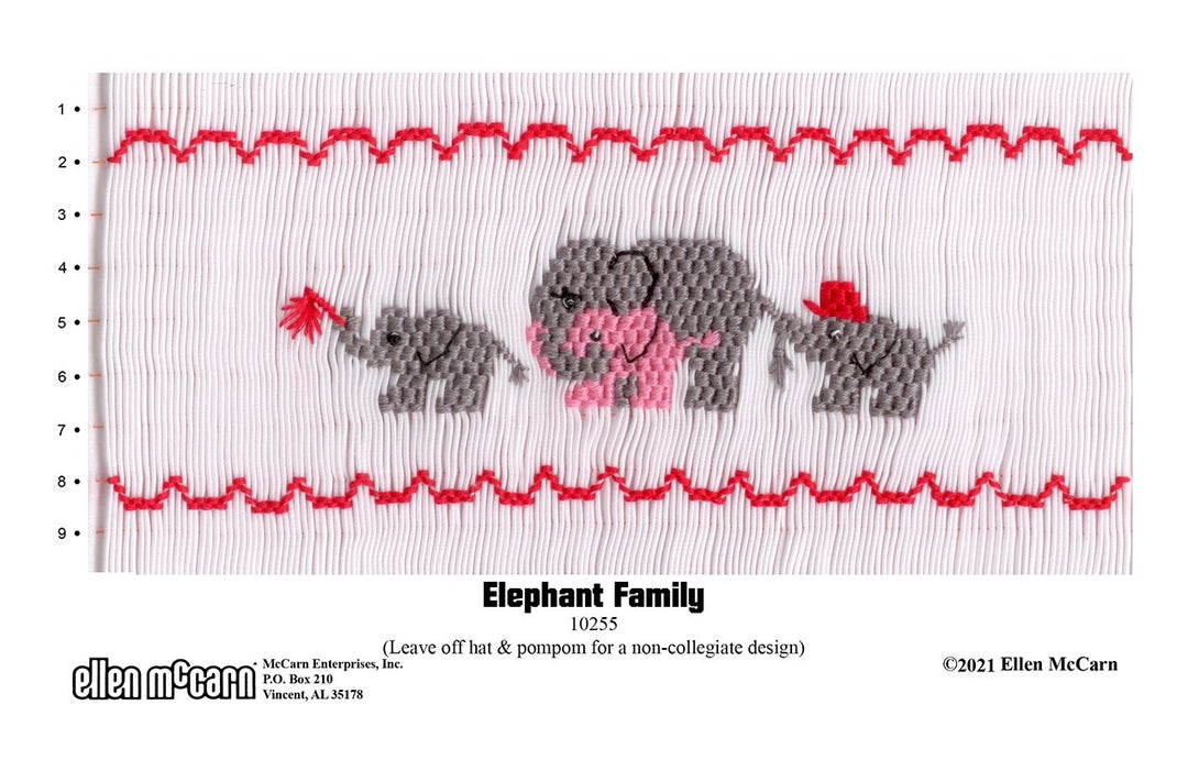 Smocking design with elephant family design on a white background
