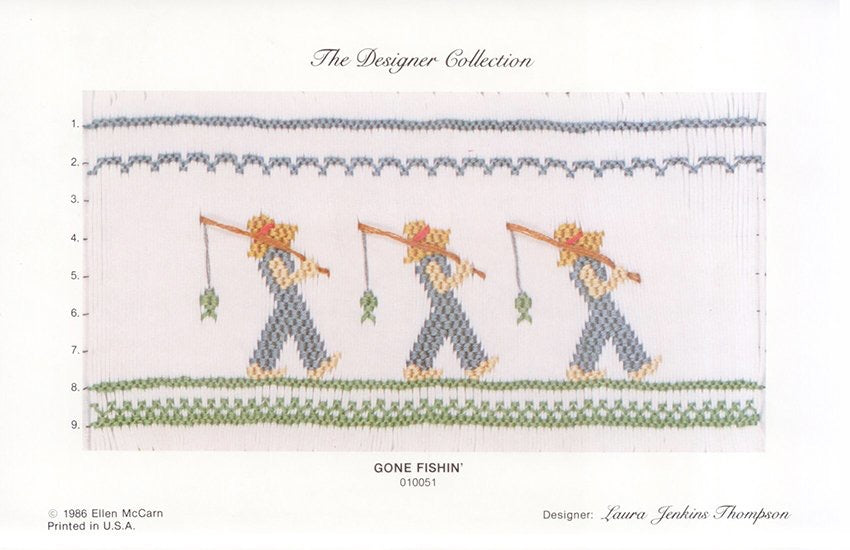 Smocking plate with three fishermen carrying fishing rods. 9 rows of smocking