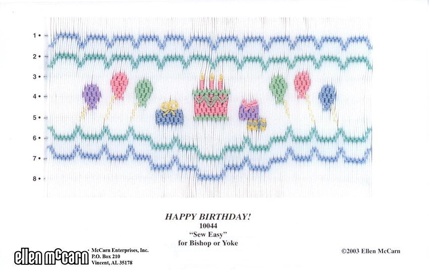 Smocking design for a birthday with colorful candles and balloons.
