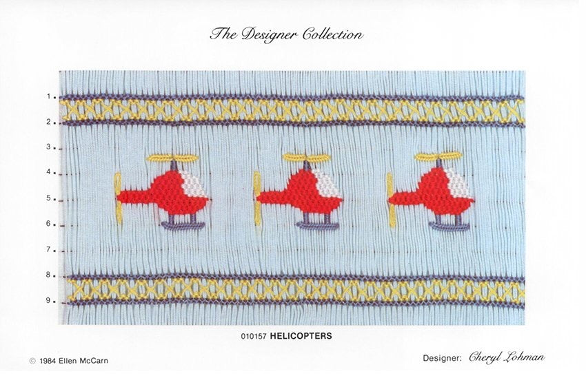 Smocking plate with three helicopters. 9 rows of smocking