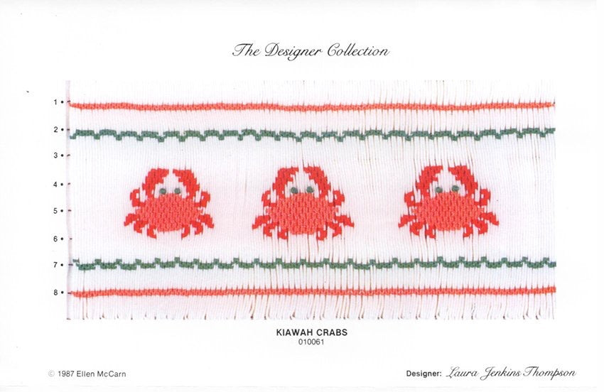 Smocking plate with three crabs. 8 rows of smocking