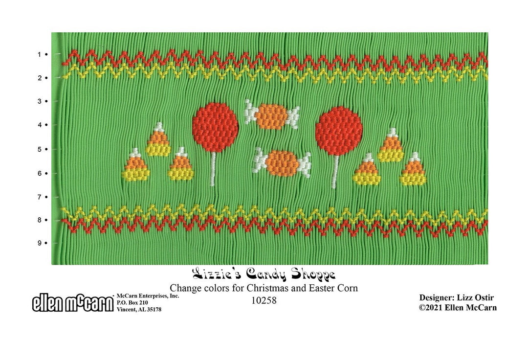 Smocking plate with Halloween candy: lollipops, candy corn and suckers. 9 rows of smocking.