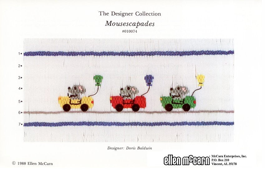 Smocking design of cartoon mice in colorful cars on a white background.
