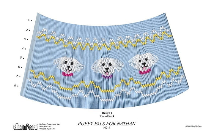 Smocking design pattern with dogs on a blue background