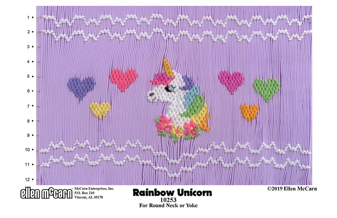 Smocking plate with unicorn and hearts, 12rows of smocking.