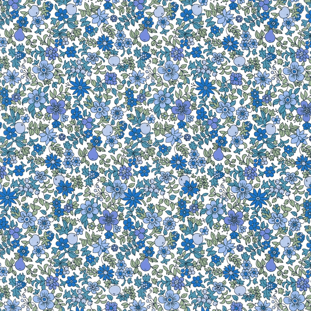 Pattern of blue flowers on a white background