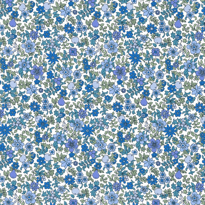 Pattern of blue flowers on a white background