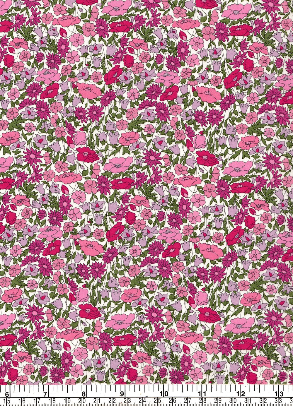 Floral fabric pattern with pink and green flowers on a white background
