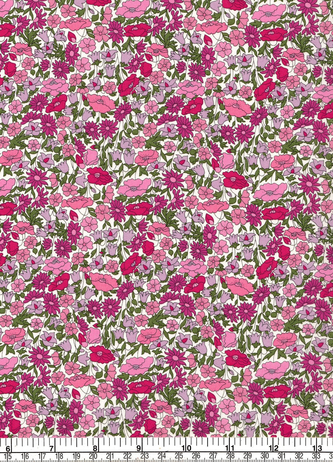 Floral fabric pattern with pink and green flowers on a white background