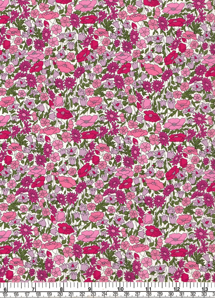 Floral fabric pattern with pink and green flowers on a white background