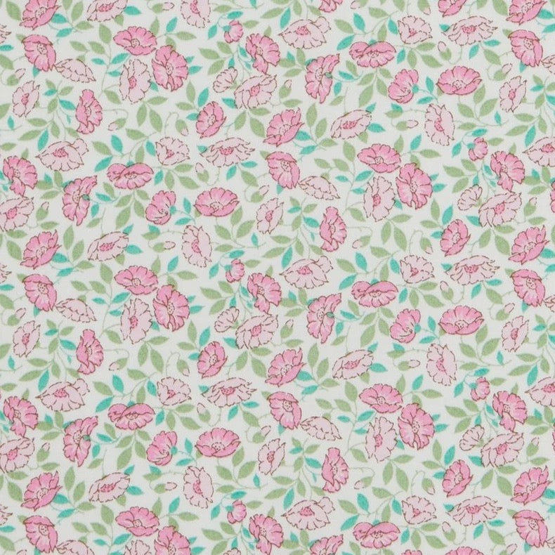 Pattern of pink flowers with green leaves on an ivory background