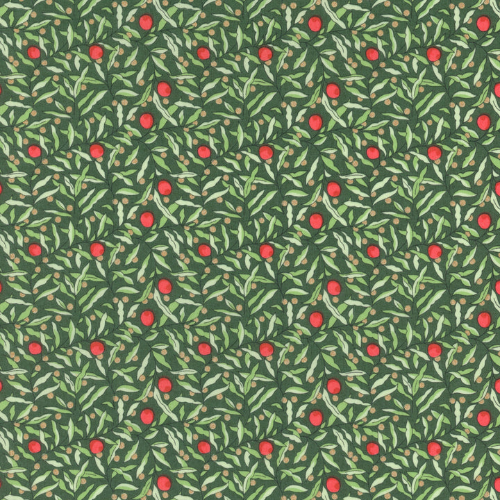 Pattern of red berries and green leaves on a green background