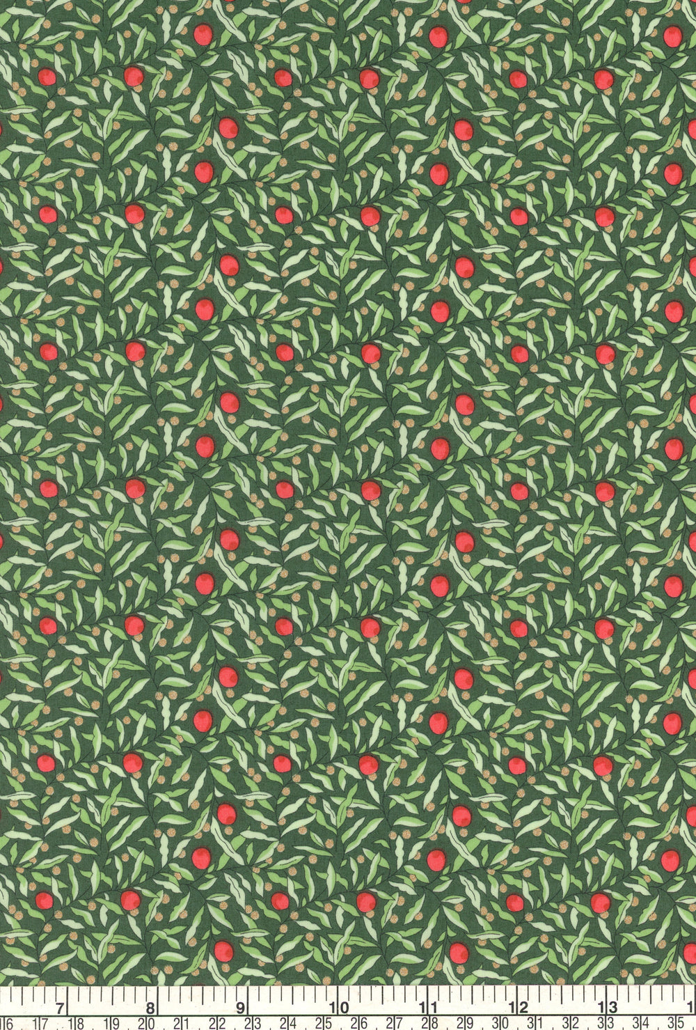 Pattern of red berries and green leaves on a green background with a ruler at the bottom.