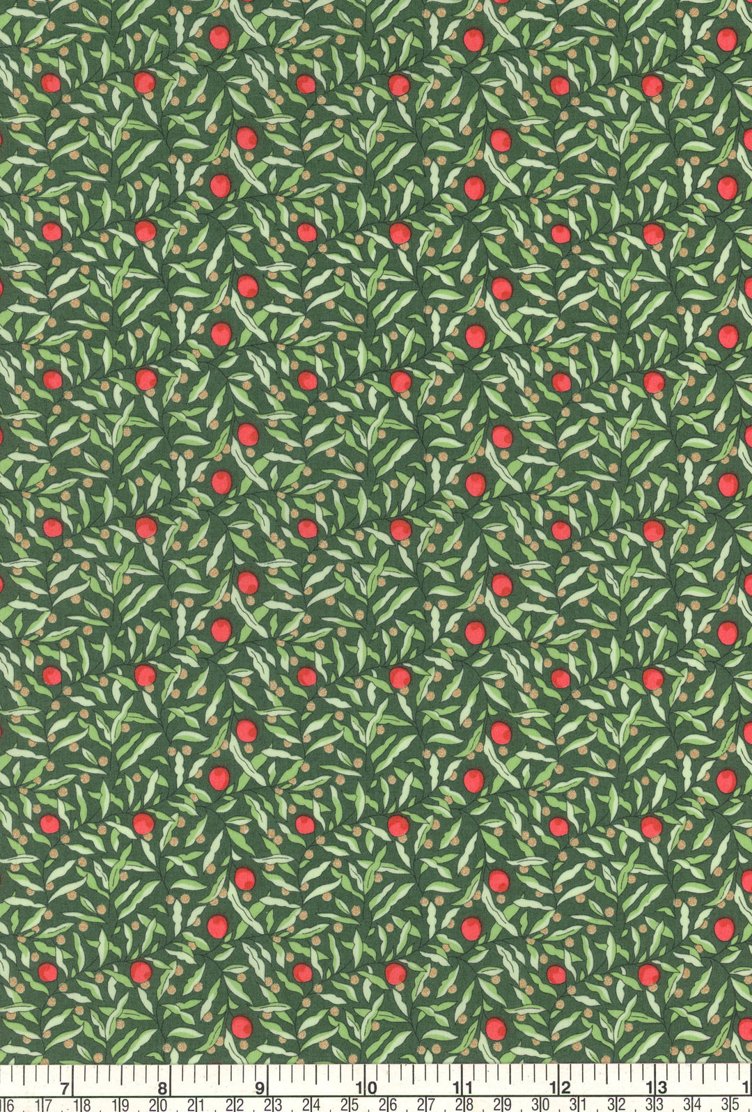 Pattern of red berries and green leaves on a green background with a ruler at the bottom.
