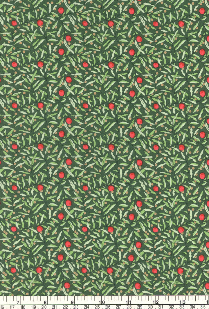 Pattern of red berries and green leaves on a green background with a ruler at the bottom.