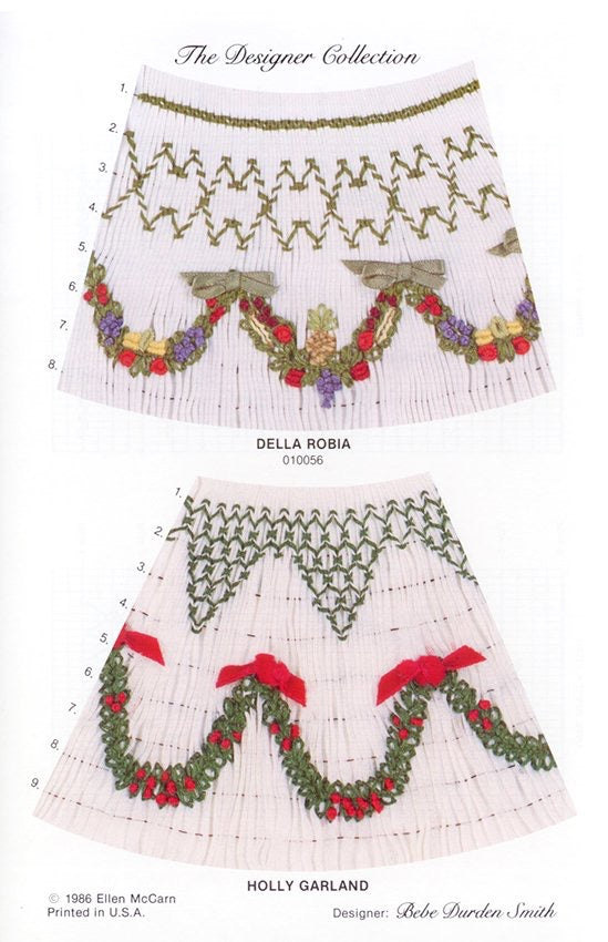 geometric smocking design smocked in green red and gold a garland theme is present on both designs on white pleated fabric