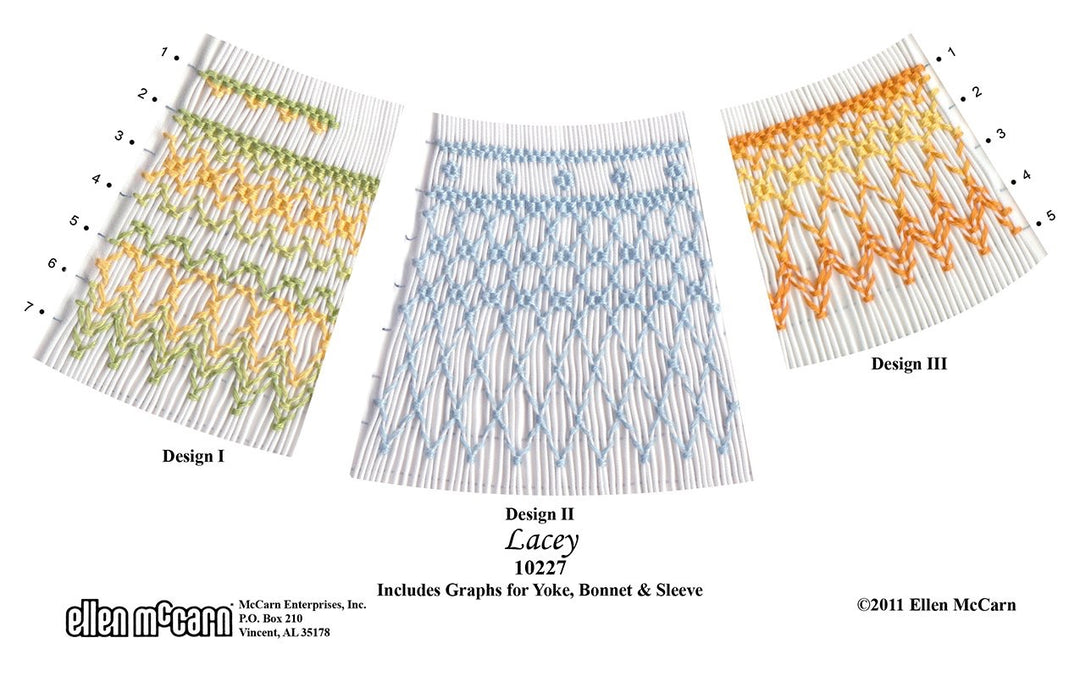 geometric smocking design smocked in green yellow blue and orange on white pleated fabric