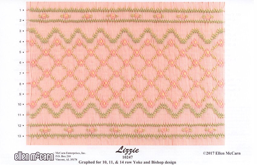 geometric design smocked in pink green and yellow smocked on peach pleated fabric