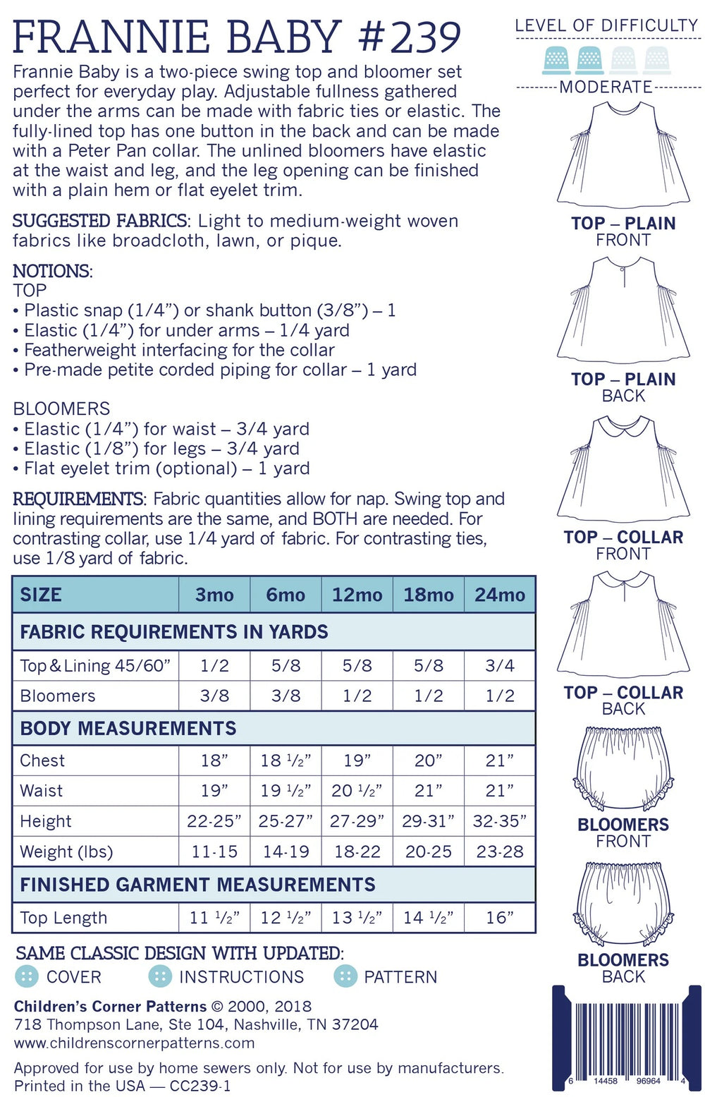 back of the Frannie baby sewing pattern