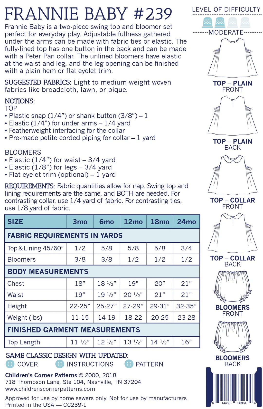 back of the Frannie baby sewing pattern