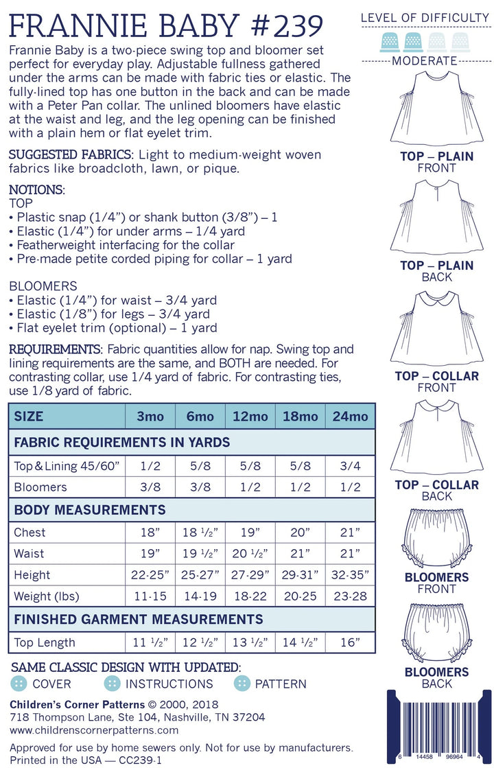 back of the Frannie baby sewing pattern