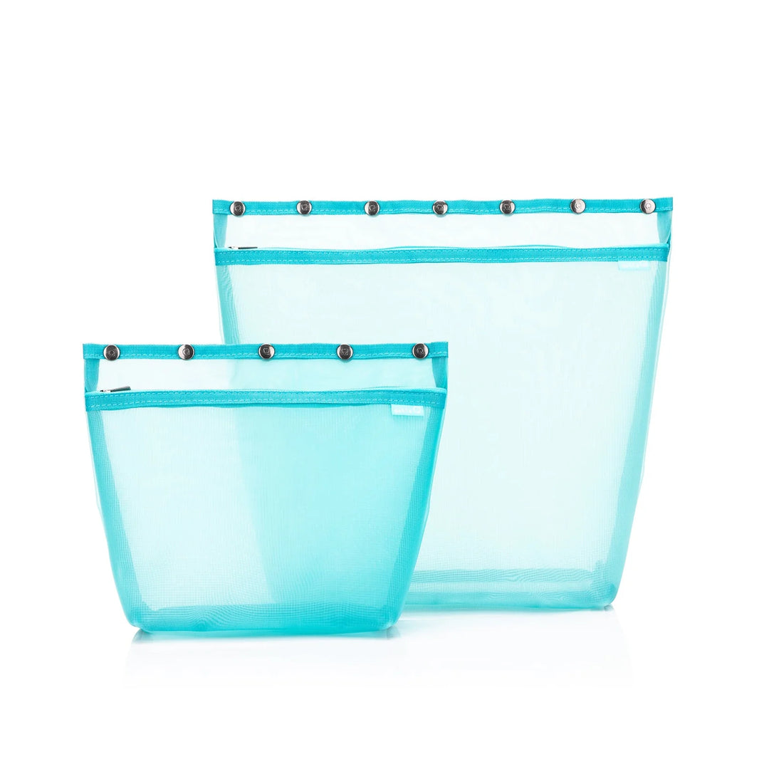 Two turquoise mesh bags with zippers on a white background
