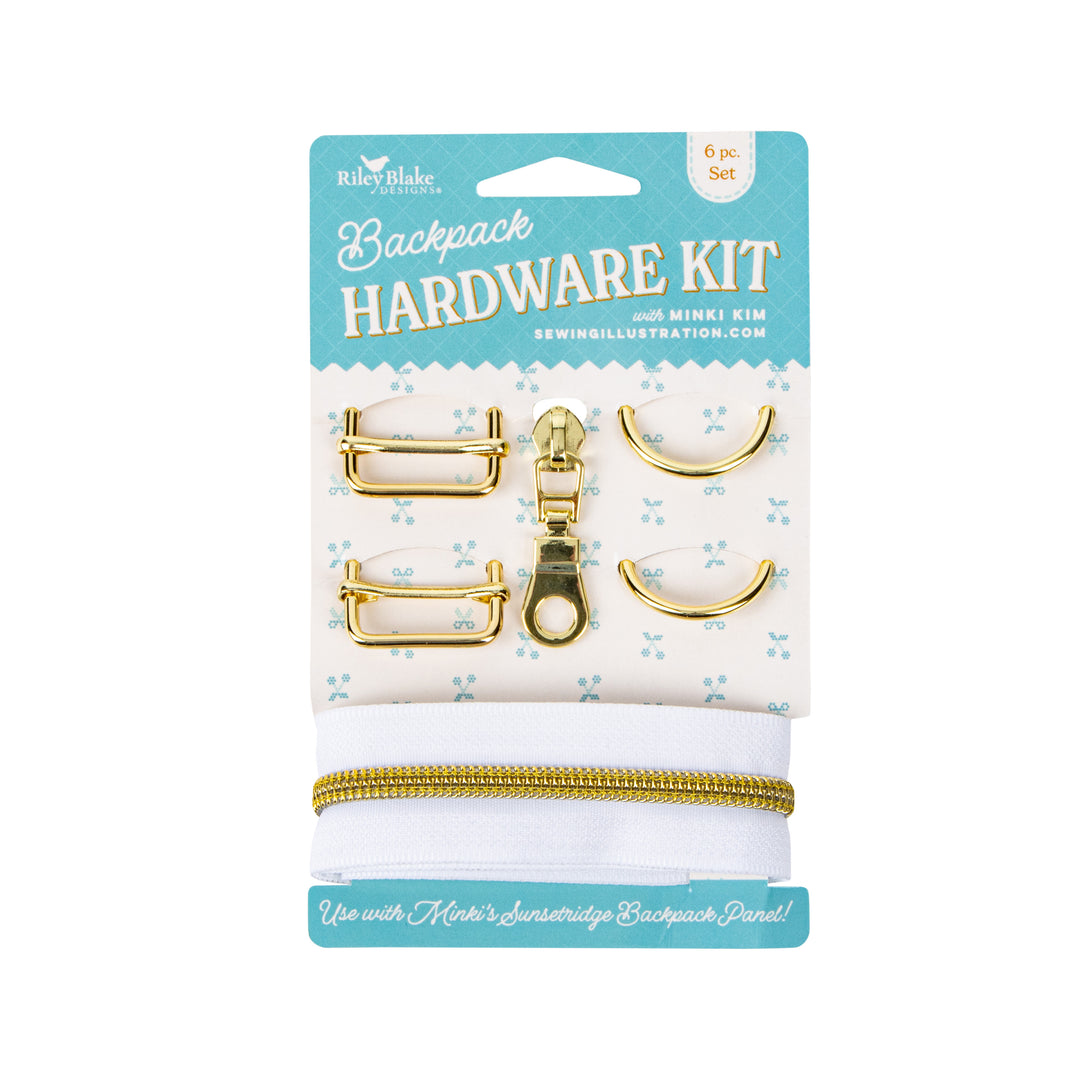 gold hardware for a backpack is shown, including 2 slides, 2 loops, one zipper pull, and one zipper