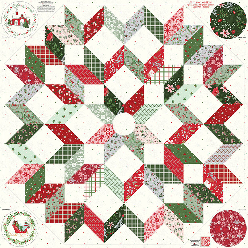 A quilted tree skirt and pot holder panel with a festive pattern of mistletoe and holly in red, green, and white.