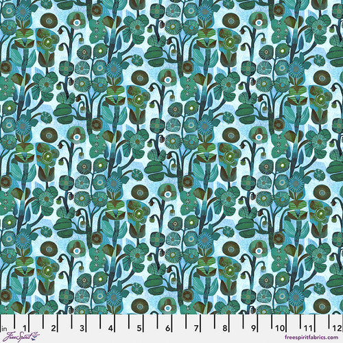 fabric swatch with various circular florals in greens and blues all on a baby blue background