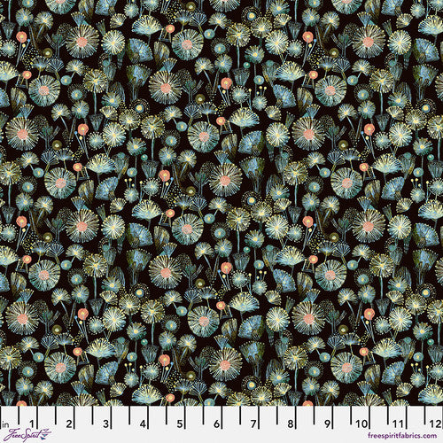 fabric swatch of dandelions and fan-like florals in greens and blue and pink all on a dark background